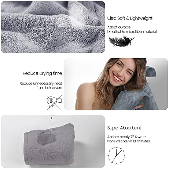 Microfiber Hair Towel, Turbans for Wet Hair, Magic Instant Dry Towel Curly Anti Frizz Wrap Women, Super Absorbent Long Thick 2 Pack, White+gray - Image 4